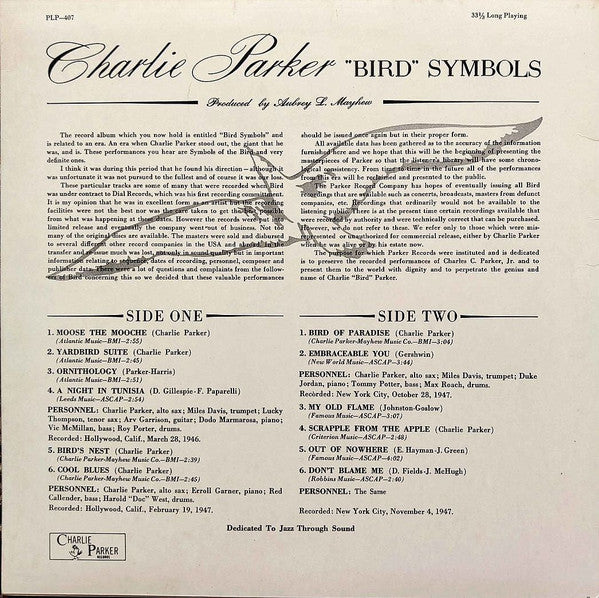 Charlie Parker - "Bird" Symbols (LP, Comp, Mono, Ltd, RE)
